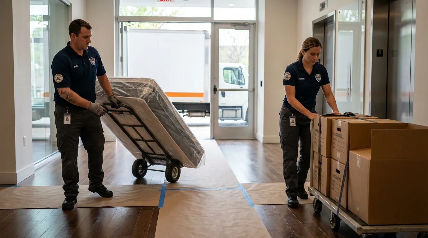Professional apartment movers loading elevator in Ashland, VA